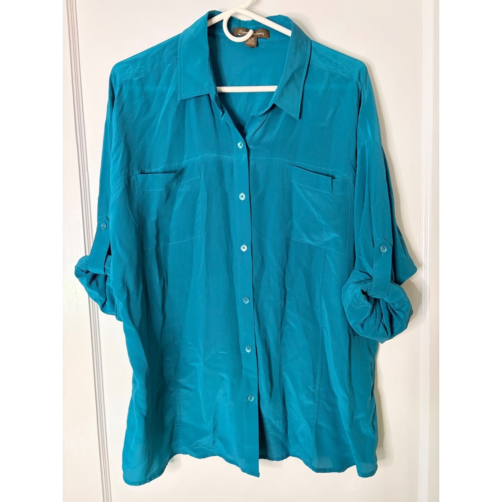 Tommy Bahama Womens Teal Blue Silk Blend Roll Tab Button Down Shirt Large